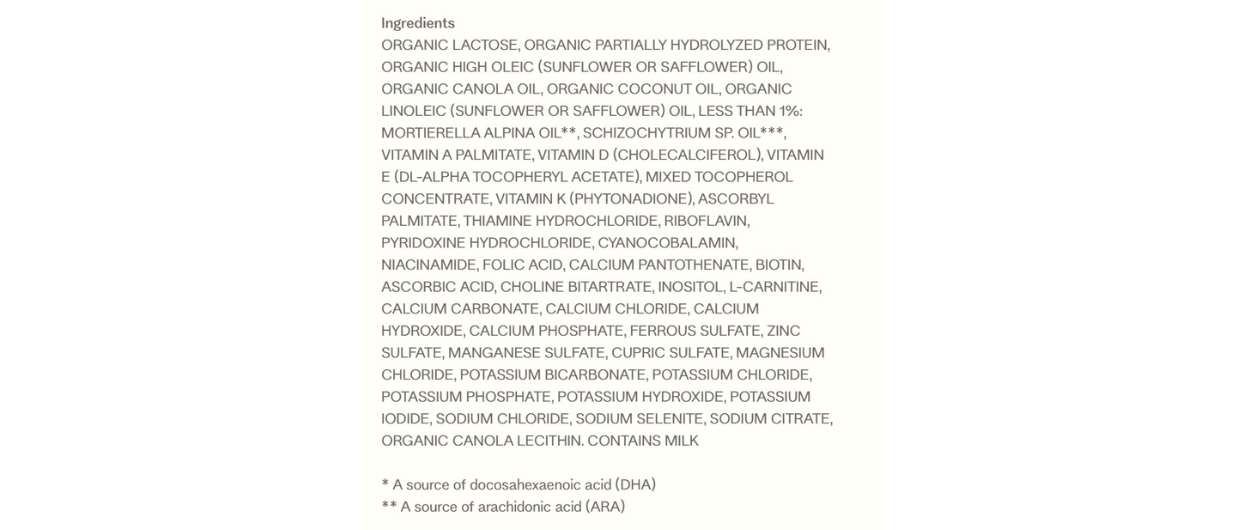 Ingredients facts of Bobbie organic gentle infant formula