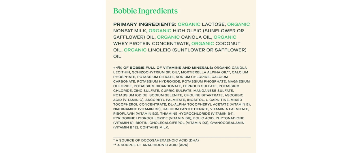 Ingredients of Bobbie organic infant formula