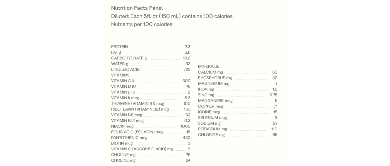 Nutritional facts of Bobbie organic gentle infant formula